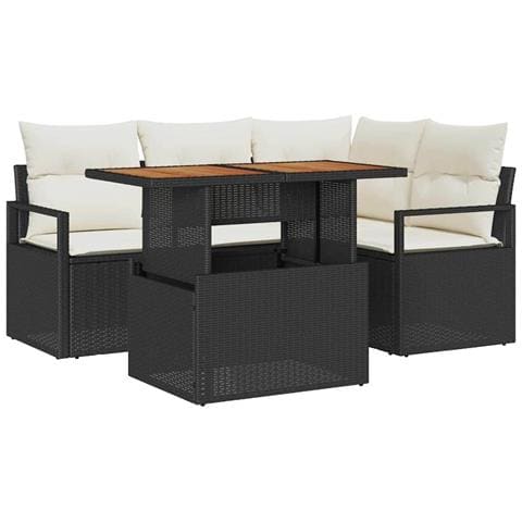 Set Divano da Giardino 5 Pezzi con Cuscini Rattan Nero di Poly, Divano da Giardino per 2 Persone con Ripostiglio e Cuscini Rattan Nero di Poly - Foto 1