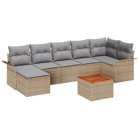 Set Divano da Giardino di 8 Pezzi con Cuscini Beige in Polyrattan e Acacia - Foto 1