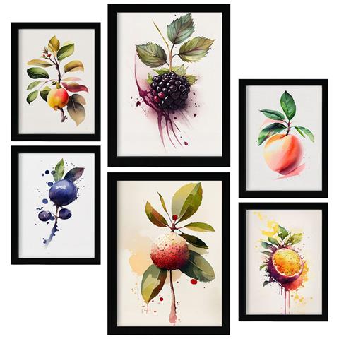 Set Di 6 Stampe Poster Di Frutti Di Bosco E Pesche Con Frutta, Verdura E Cibo Sano In Acquerelli Su Sfondi Bianchi Puri A3 & A4 Senza Cornice - Foto 1