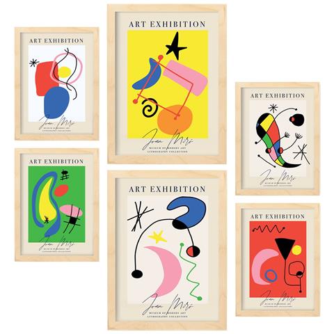 Set Di 6 Stampe Collezione D'arte Miró Di Poster Con Estetica Collage Per La Decorazione D'interni A3 & A4 Telaio In Legno Chiaro - Foto 1