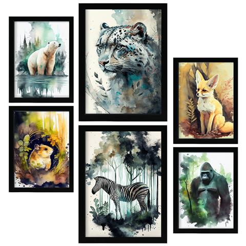 Set Di 6 Stampe Illustrazioni Di Animali In Paesaggi Naturali Del Nord E Del Sud, Design D'interni Realistico In Stile Acquerello A3 & A4 Cornice Nera - Foto 1