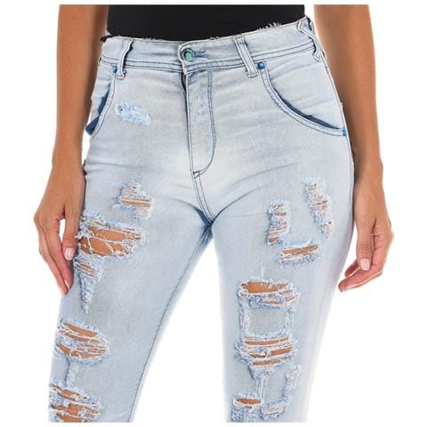 Pantaloni Lunghi In Denim Effetto Consumato E Strappato 10dbf0803 Donna - Foto 3