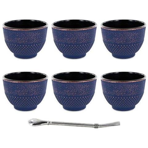6 Tazze Di Ghisa Cinese Blu E Bronzo 15 Cl + Cannuccia In Acciaio Inox Con Filtro - Foto 1