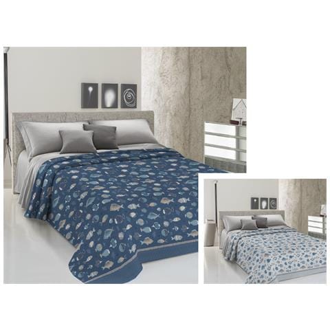 Copriletto Piquet Primavera Estate 100% Cotone Disegno Oceano 1 Piazza E Mezza Blu - Foto 2