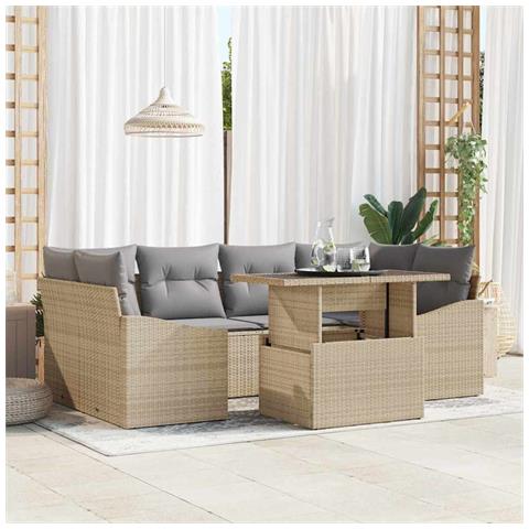 Set di divani da giardino 7 pezzi con cuscini Beige Rattan Polietilene - Foto 2
