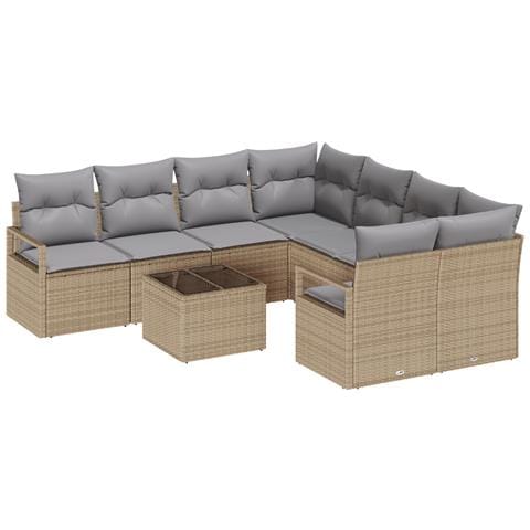 Set da giardino a 9 pezzi di  con cuscini Beige Rattan, Divano da giardino a 2 posti di  con cuscini Beige Rattan - Foto 1