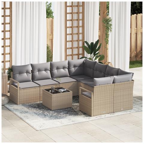 Set da giardino a 9 pezzi di  con cuscini Beige Rattan, Divano da giardino a 2 posti di  con cuscini Beige Rattan - Foto 2