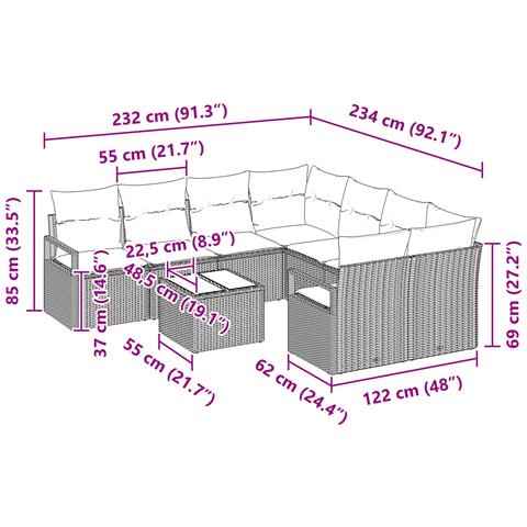 Set da giardino a 9 pezzi di  con cuscini Beige Rattan, Divano da giardino a 2 posti di  con cuscini Beige Rattan - Foto 9