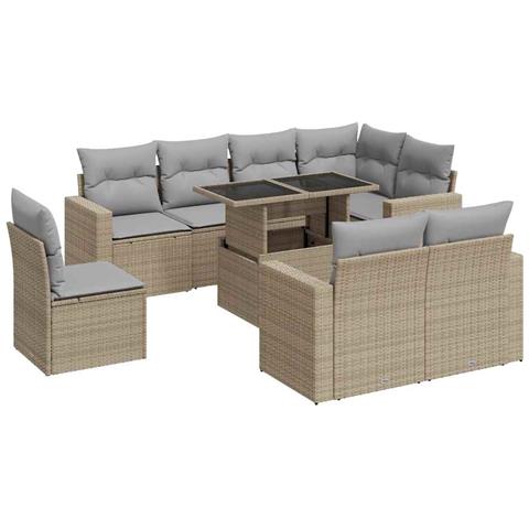 Set Divano da Giardino 9 pz con Cuscini Beige in Polyrattan - Foto 1