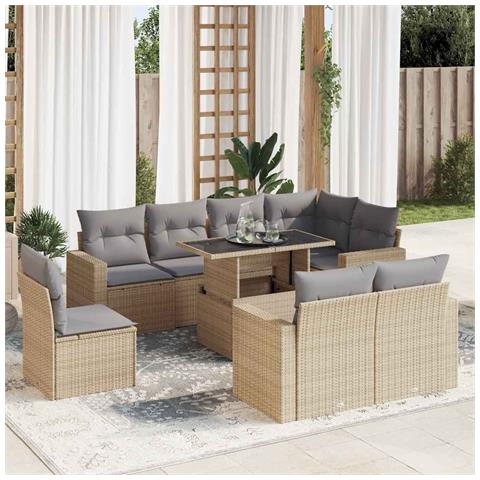 Set Divano da Giardino 9 pz con Cuscini Beige in Polyrattan - Foto 2