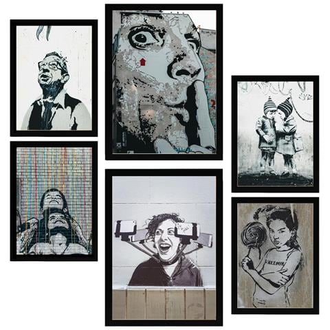 Set Di 6 Stampe Stencil Decorativi Per Pittura, Graffiti, Street Art, Murales A Colori, Illustrazioni A3 & A4 Cornice Nera - Foto 1