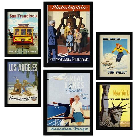 Set Di 6 Stampe Stati Uniti Illustrazioni A Colori Di Cartelloni Pubblicitari Turistici D'epoca Provenienti Da Tutto Il Mondo A3 & A4 Senza Cornice - Foto 1