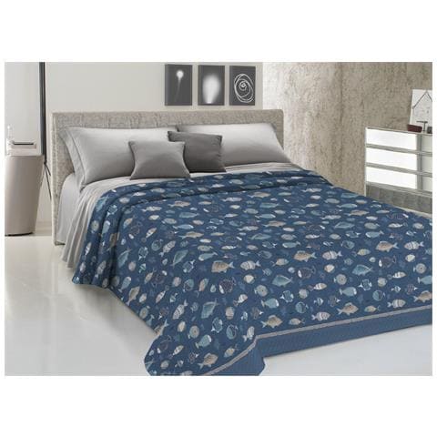 Copriletto Piquet Primavera Estate 100% Cotone Disegno Oceano Matrimoniale Blu - Foto 1