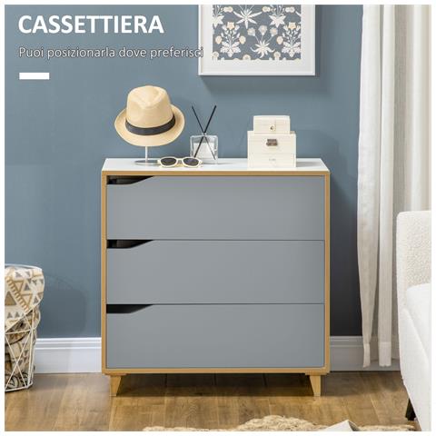 Cassettiera 3 Cassetti In Truciolato E Mdf Per Camera Da Letto E Soggiorno, 75x42x75 Cm, Bianca Grigia E Marrone - Foto 6