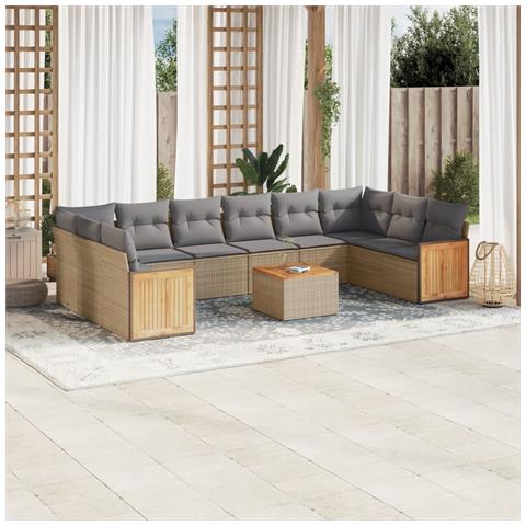 Set Divani Da Giardino 11 Pz Con Cuscini Beige In Polyrattan - Foto 1