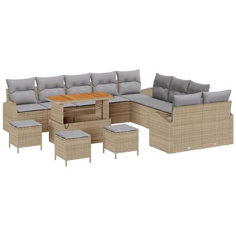 Set di divani da giardino da 14 pezzi con cuscini beige in polyrattan e acacia,  Divano da giardino a 2 posti con cuscini beige in polyrattan,  Set da pranzo da giardino da 4 pezzi con cuscini beige in polyrattan e acacia - Foto 1