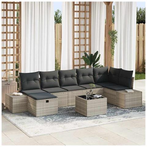 Set divano da giardino di 8 pezzi con cuscini grigi in polyrattan - Foto 2