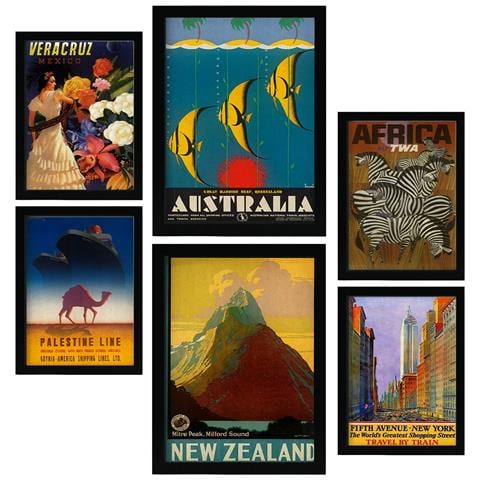 Set Di 6 Stampe Da Nord A Sud Illustrazioni A Colori Di Cartelloni Turistici D'epoca Provenienti Da Tutto Il Mondo A3 & A4 Senza Cornice - Foto 1