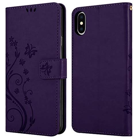 Cadorabo Custodia Compatibile Con Apple Iphone Xs In Lilla Scuro Fiore - Coperchio Protettivo In Design Floreale Con Chiusura Magnetica, Funzione Stand E Slot Per Carte - Foto 2