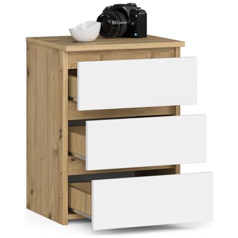 Comodino CL3, 3 cassetti, 40x35x57 cm, Colore Quercia Artisan e Bianco - Foto 2