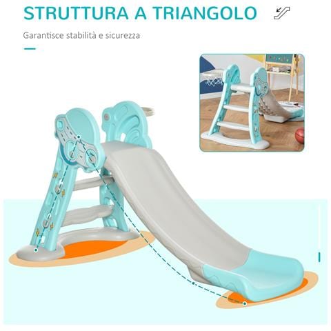 Scivolo per Bambini da 18 Mesi Pieghevole con 3 Scalini e Canestro Basket, 140x87x75cm, Blu e Grigio - Foto 2