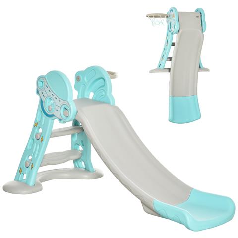 Scivolo per Bambini da 18 Mesi Pieghevole con 3 Scalini e Canestro Basket, 140x87x75cm, Blu e Grigio - Foto 1