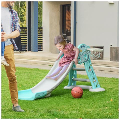 Scivolo per Bambini da 18 Mesi Pieghevole con 3 Scalini e Canestro Basket, 140x87x75cm, Blu e Grigio - Foto 6