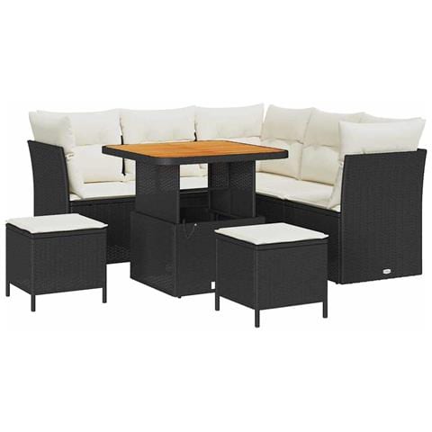 Set da Giardino 8 Pezzi con Cuscini Polyrattan Nero Acacia,  Set da Pranzo da Giardino 3 Pezzi con Cuscini Polyrattan Nero Acacia - Foto 1