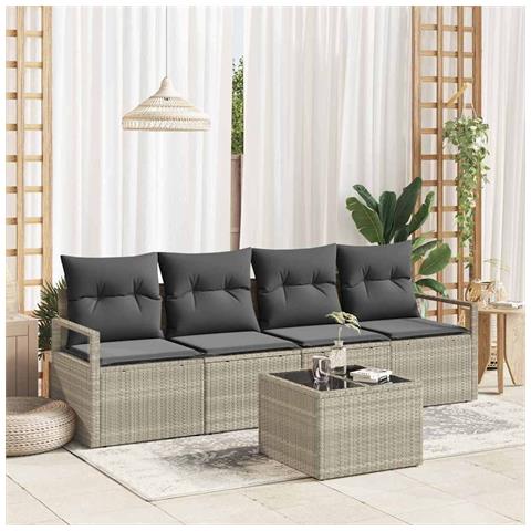 Set di divani da giardino  5 pezzi con cuscini Grigio chiaro Rattan sintetico, Divano da giardino  2 posti con storage e cuscini Grigio Rattan sintetico - Foto 2