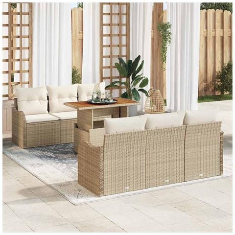 Set di divani da giardino 7 pezzi con cuscini beige, rattan in polietilene acacia, Divano da giardino 2 posti con cuscini beige, rattan in polietilene - Foto 2