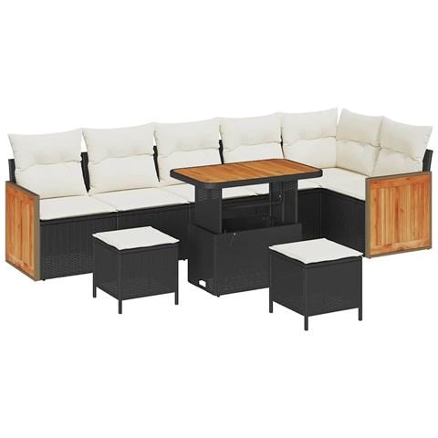 Set Divano da Giardino 9 Pezzi con Cuscini Nero Polyrattan Acacia, Set da Pranzo da Giardino 3 Pezzi con Cuscini Nero Polyrattan Acacia - Foto 1