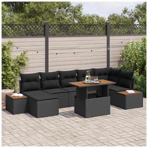 Set da Pranzo da Giardino in 8 Pezzi con Cuscini Nero Polyrattan Acacia - Foto 2
