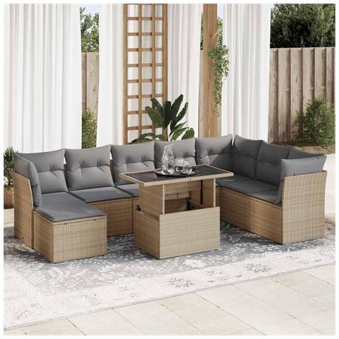 Set Divano da Giardino 9 pz con Cuscini Beige in Polyrattan - Foto 2