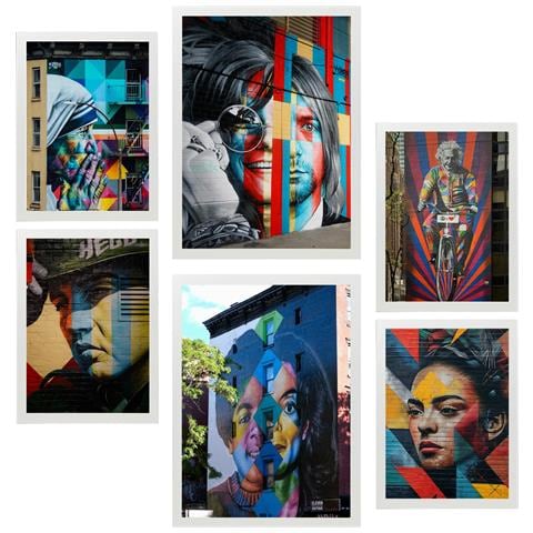 Set Di 6 Stampe Dipinto Decorativo Graffiti Street Art Nirvana Jopplin Frida Presley Incorniciato Con Illustrazioni A3 & A4 Cornice Bianca - Foto 1