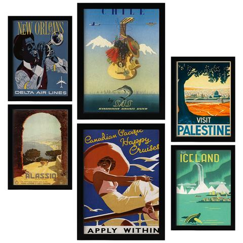 Set Di 6 Stampe Paese E Città Illustrazioni A Colori Di Cartelloni Pubblicitari Turistici D'epoca Provenienti Da Tutto Il Mondo Design D'interni A3 & A4 Senza Cornice - Foto 1