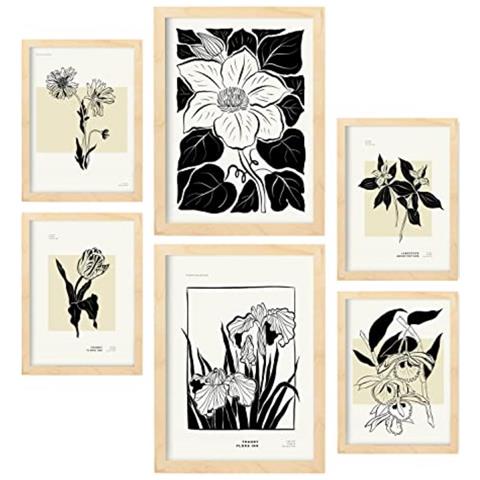 Set Di 6 Stampe Stampe Artistiche Floreali In Inchiostro Nero In Stile Schizzo Per L'interior Design A3 & A4 Telaio In Legno Chiaro - Foto 1