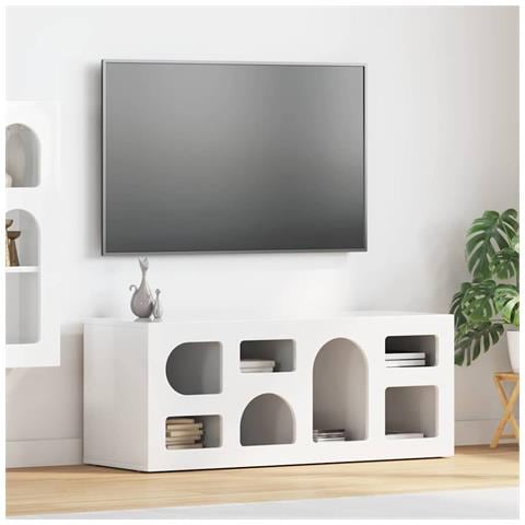 Mobile TV Bianco Lucido 100 x 35 x 40 cm Legno multistrato - Foto 2