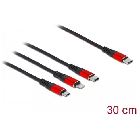 Cavo di ricarica USB 3 in 1 USB Type-C a Lightning / Micro USB / USB Type-C da 30 cm nero / rosso - Foto 2