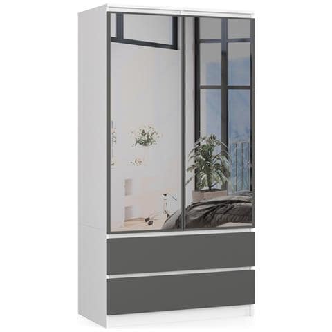 Armadio A 2 Ante Battenti E Cassetti S90 con specchio, 90x51x180 cm, Colore Bianco e Grigio Grafite - Foto 1