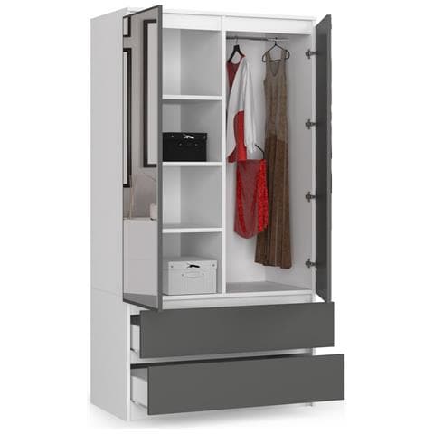 Armadio A 2 Ante Battenti E Cassetti S90 con specchio, 90x51x180 cm, Colore Bianco e Grigio Grafite - Foto 2