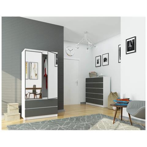 Armadio A 2 Ante Battenti E Cassetti S90 con specchio, 90x51x180 cm, Colore Bianco e Grigio Grafite - Foto 5