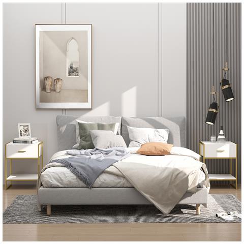 Set 2 Comodini Moderni Con Cassetto E Ripiano Aperto In Mdf E Acciaio, 45x40x60cm, Bianco E Oro - Foto 2