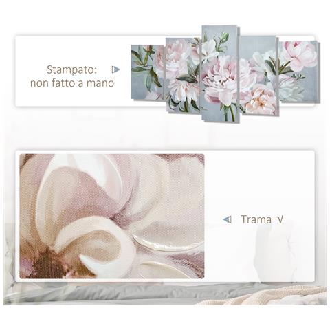 Stampa Su Tela Con Peonie, 5 Pezzi Per Casa E Ufficio, Tela In Legno Di Pino E Vernice Ad Acqua, 200x100cm, Multicolore - Foto 2