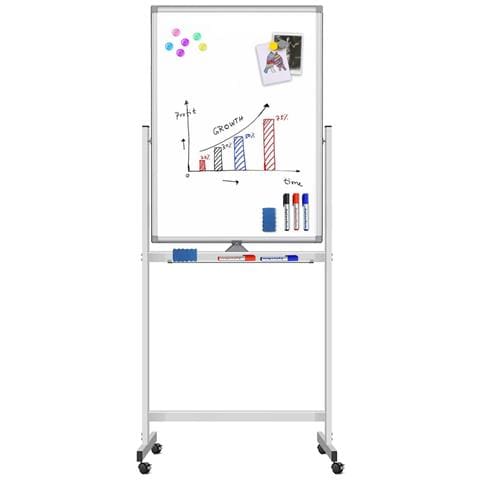 Lavagna Magnetica Bifacciale 60x100 cm con Ruote e Mensola per Pennarelli con Ganci Portablocco - Foto 1