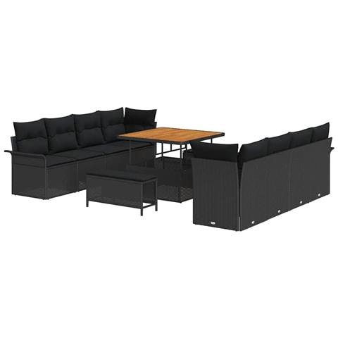 Set Divano da Giardino 11 Pezzi con Cuscini Nero Polyrattan Acacia, Divano da Giardino a Due Posti con Contenitore e Cuscini Nero Polyrattan, Set da Pranzo da Giardino 3 Pezzi con Cuscini Nero Polyrattan Acacia - Foto 1