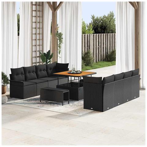 Set Divano da Giardino 11 Pezzi con Cuscini Nero Polyrattan Acacia, Divano da Giardino a Due Posti con Contenitore e Cuscini Nero Polyrattan, Set da Pranzo da Giardino 3 Pezzi con Cuscini Nero Polyrattan Acacia - Foto 2