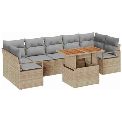 Set divano da giardino di 8 pezzi con cuscini in polyrattan beige e acacia, Divano da giardino per 2 persone con cuscini in polyrattan beige - Foto 1