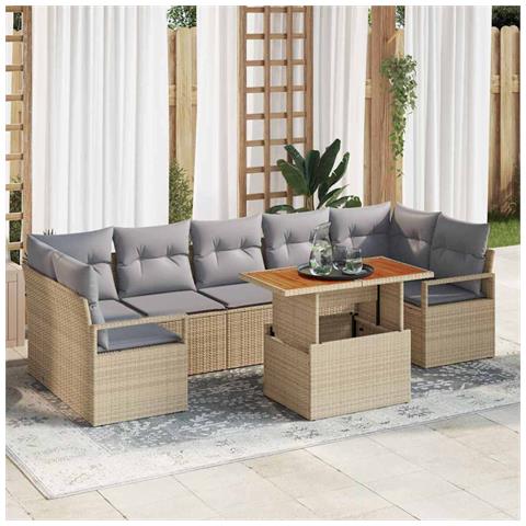 Set divano da giardino di 8 pezzi con cuscini in polyrattan beige e acacia, Divano da giardino per 2 persone con cuscini in polyrattan beige - Foto 2