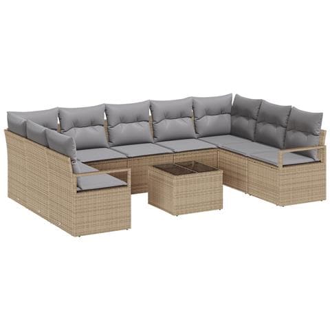 Set Divano da Giardino 10 Pezzi con Cuscini in Rattan Polyrattan Nero, Divano da Giardino 2 Posti con Cuscini in Rattan Polyrattan Beige - Foto 1