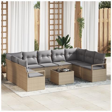 Set Divano da Giardino 10 Pezzi con Cuscini in Rattan Polyrattan Nero, Divano da Giardino 2 Posti con Cuscini in Rattan Polyrattan Beige - Foto 2